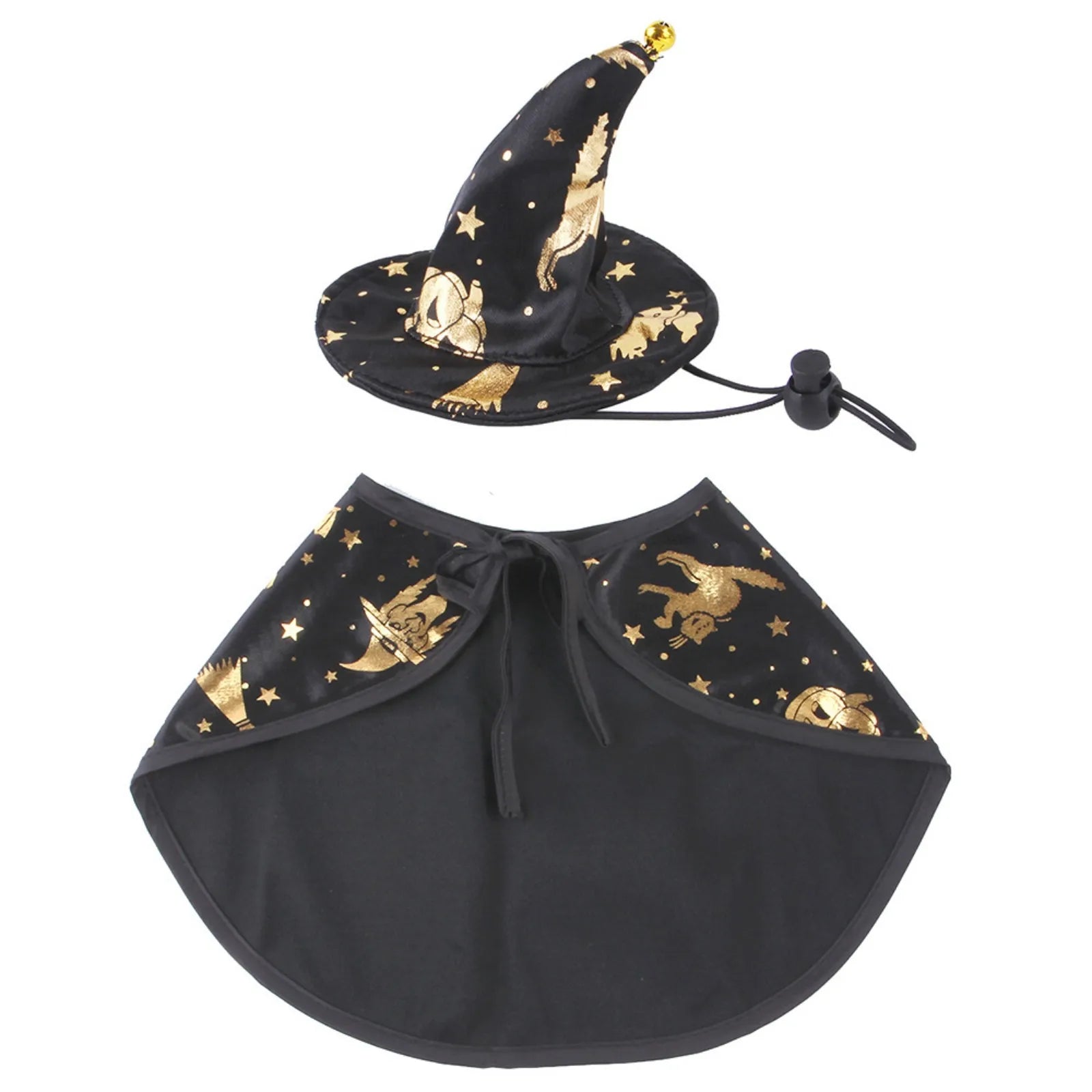Black witch hat and cape with gold moon and star patterns on a white background