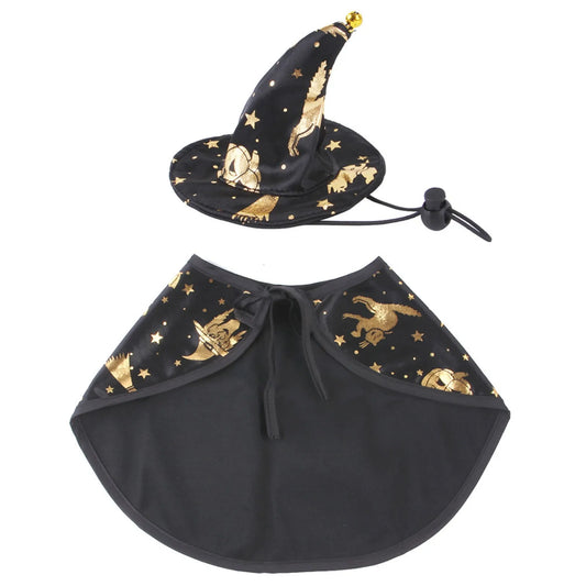 Black witch hat and cape with gold moon and star patterns on a white background