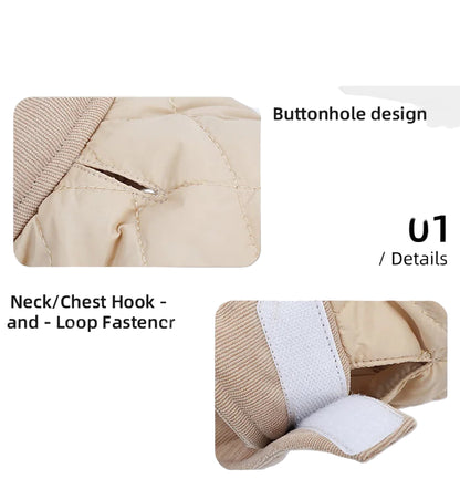 Text and images detailing a buttonhole design and neck/chest hook on a beige fabric background.