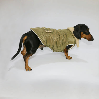 Dachshund Dogs Autumn Thick Army Green Vest Warm Fur Collar Jacket for Wiener Dogs Small Mid Dogs Sleeveless Coat in Winter