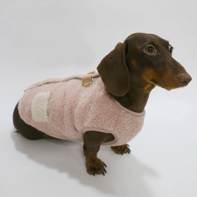 Wiener Badger Sausage Warm Berber Fleece -Short Sleeves Pink Brown Vest- Winter Sweatshirt for Dachshund Puppy