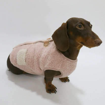 Wiener Badger Sausage Warm Berber Fleece -Short Sleeves Pink Brown Vest- Winter Sweatshirt for Dachshund Puppy