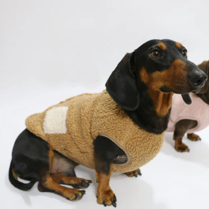 Wiener Badger Sausage Warm Berber Fleece -Short Sleeves Pink Brown Vest- Winter Sweatshirt for Dachshund Puppy