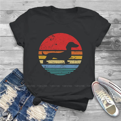 Sausage Dog Original TShirts -Dachshund Retro Sunset Daschund- Distinctive Girl T Shirt Hipster Clothing