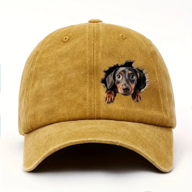 Yellow cap with a dachshund design on a white background
