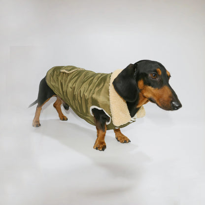 Dachshund Dogs Autumn Thick Army Green Vest Warm Fur Collar Jacket for Wiener Dogs Small Mid Dogs Sleeveless Coat in Winter