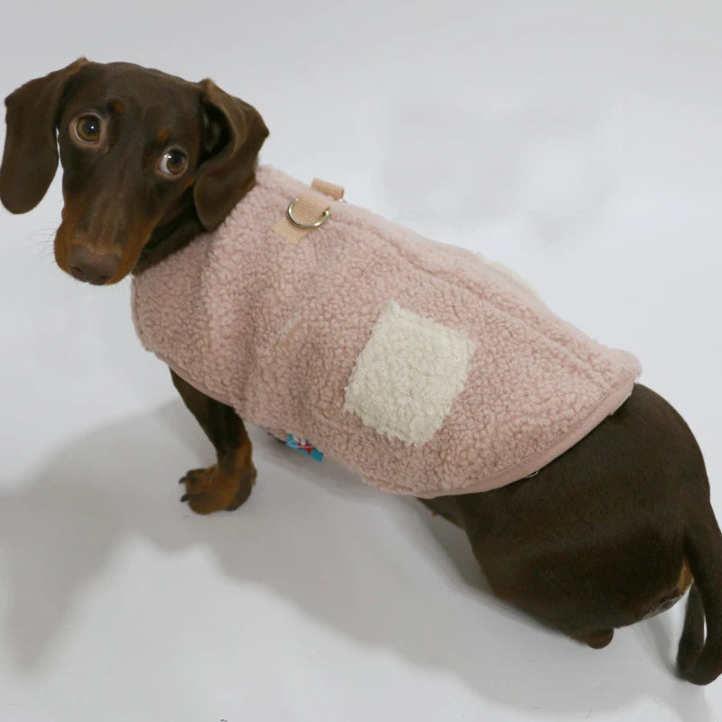 Wiener Badger Sausage Warm Berber Fleece -Short Sleeves Pink Brown Vest- Winter Sweatshirt for Dachshund Puppy