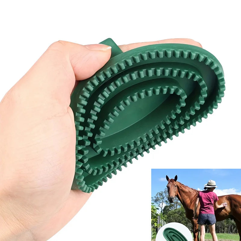 Green rubber curry comb horse brush brush held by a hand with an inset showing a person grooming a horse.