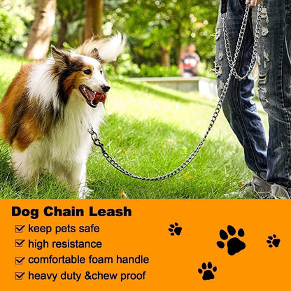 Heavy Duty Metal Dog Leash- Chew Proof Pet Leash- Chain With Soft Padded Handle For Large Medium Size Dogs