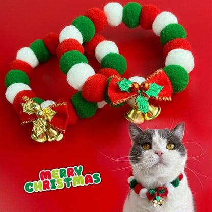 Christmas Cute Dog Cat Plush Ball Necklace Soft Elasticity Collar Pet Neck Accessories Dog Christmas Collar With Bow - PetsDzign