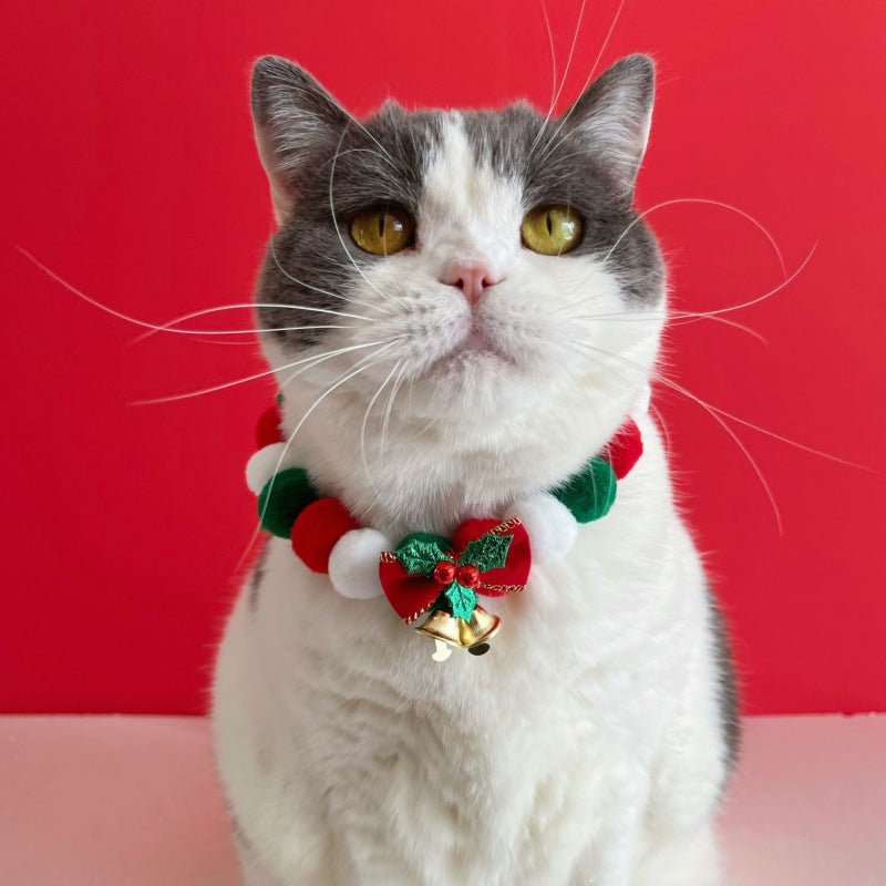 Christmas Cute Dog Cat Plush Ball Necklace Soft Elasticity Collar Pet Neck Accessories Dog Christmas Collar With Bow - PetsDzign