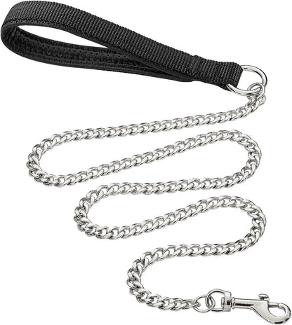 Heavy Duty Metal Dog Leash- Chew Proof Pet Leash- Chain With Soft Padded Handle For Large Medium Size Dogs