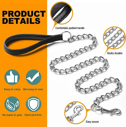 Heavy Duty Metal Dog Leash- Chew Proof Pet Leash- Chain With Soft Padded Handle For Large Medium Size Dogs